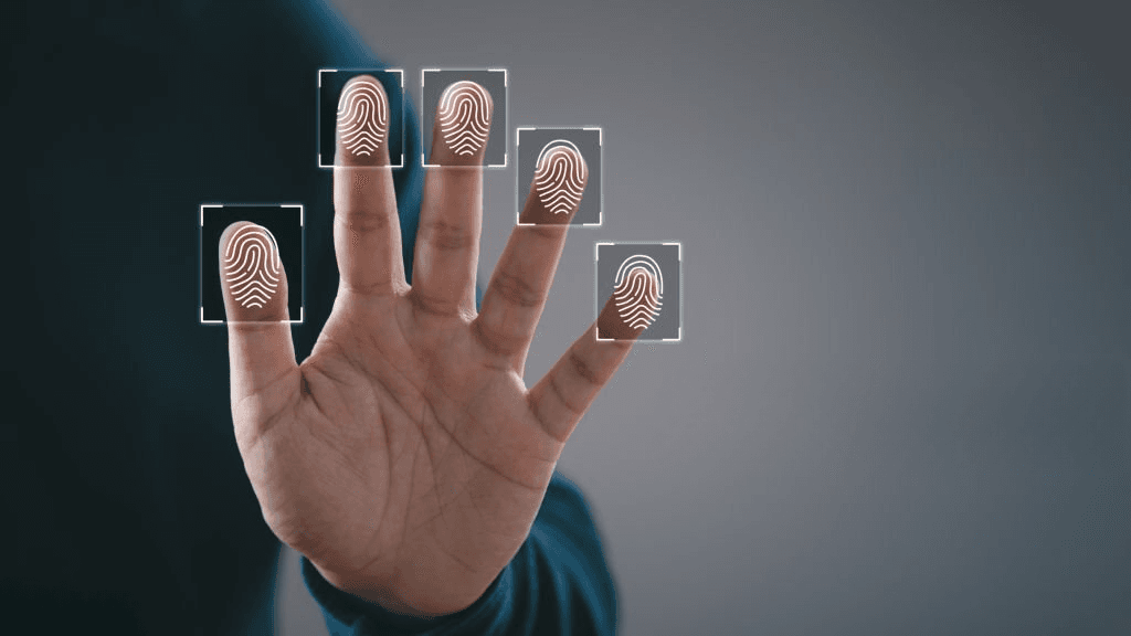 An open hand with a boxed fingerprint highlighted on each fingertip, illustrating contactless multi-finger capture.