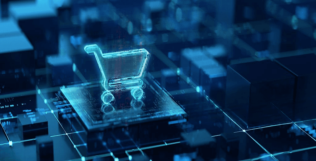 A glowing shopping cart icon on a microchip within a field of dark blocks, illustrating getting a license.